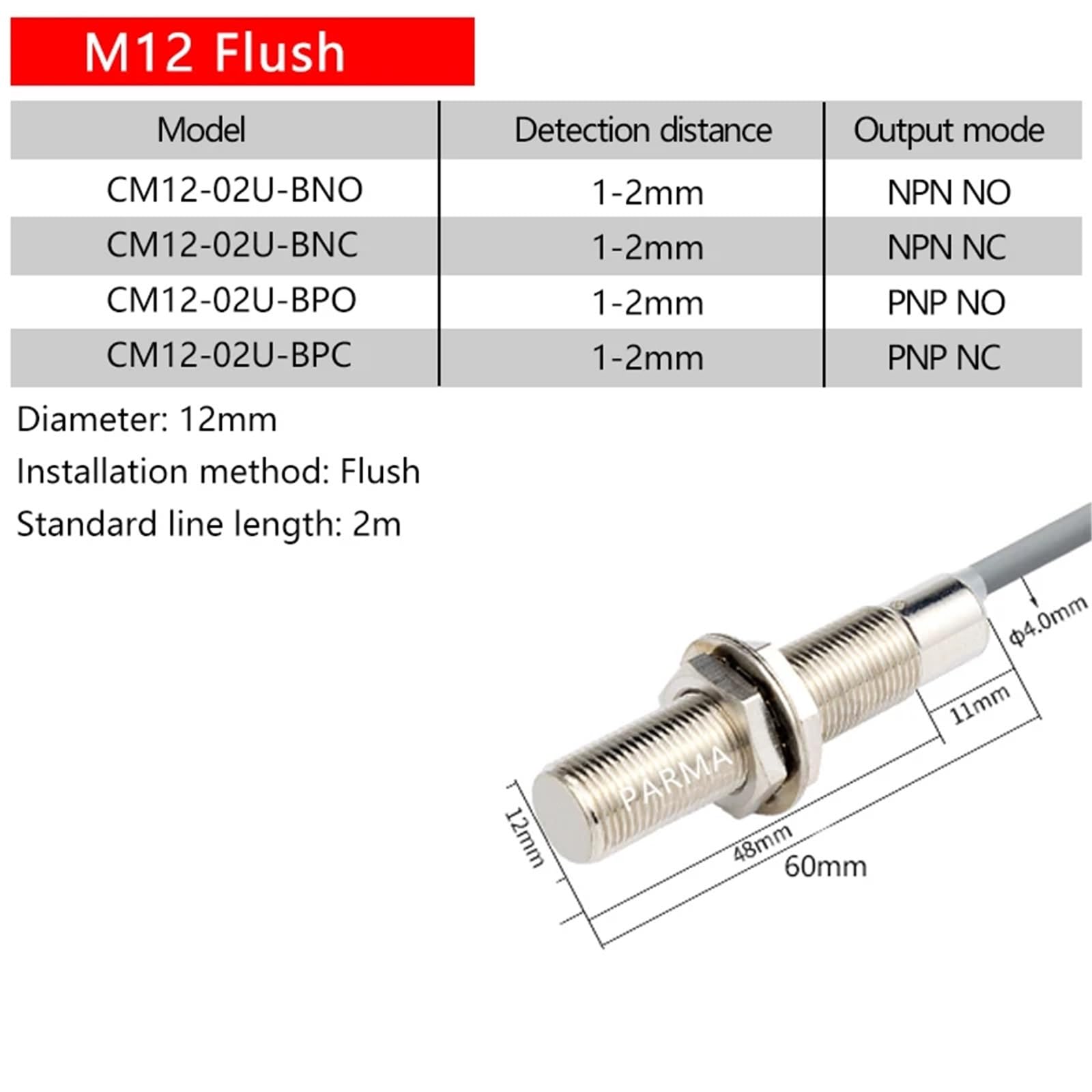 Sensor de proximidad Capacitivo M12, CC, Tres Cables, NPN, Normalmente Abierto, sonda de Cable PNP/NPN(CM12-06U-N,PNP NO)