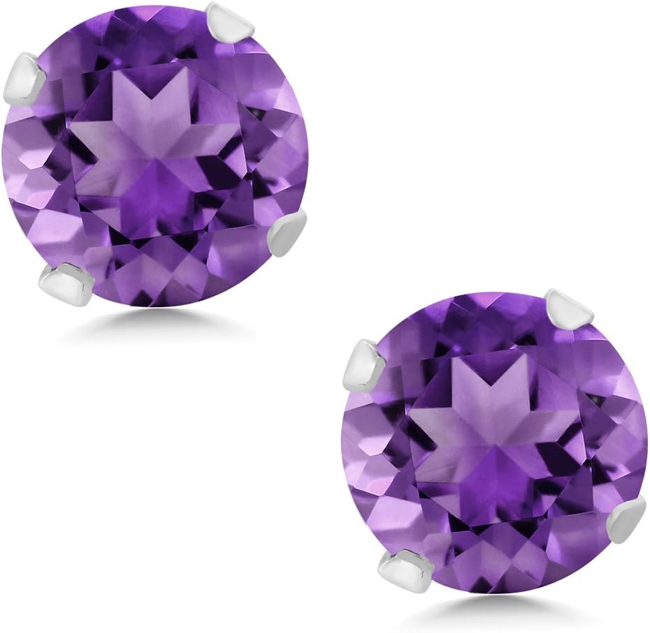 Gem Stone King 1.00 Cttw 14K White Gold Purple Amethyst Stud Earrings For Women Men | Gemstone Birthstone | Round 5MM