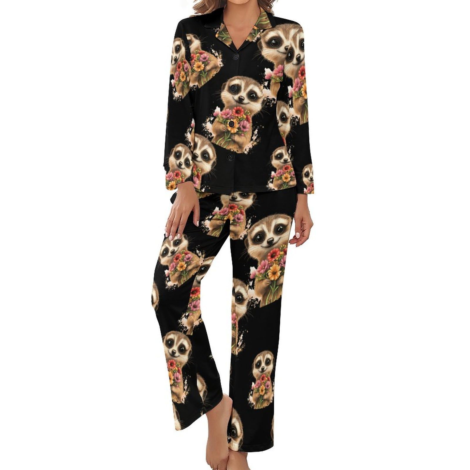 Conjunto de pijama para mujer con diseño de suricatas, cuello en V, manga larga y pantalones, ropa de dormir suave y cómoda