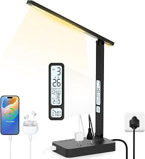 LED Foldable Desk Lamp with 2 USB Charging Port & 2 AC Power Outlets, 5 Color& 5 Brightness.Touch Control Dimmable Office/Home Timer Table Lamps with Clock, Alarm, Date, Temperature, Night light.