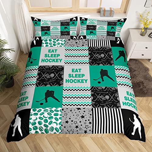 Ice Hockey Bedding Set Kids Hockey Player Hockey Punk Comforter Cover Set for Boys Girls Men Winter Sports Duvet Cover Breathable Green Grid Geometric Bedspread Cover Room Decor Quilt Cover Queen