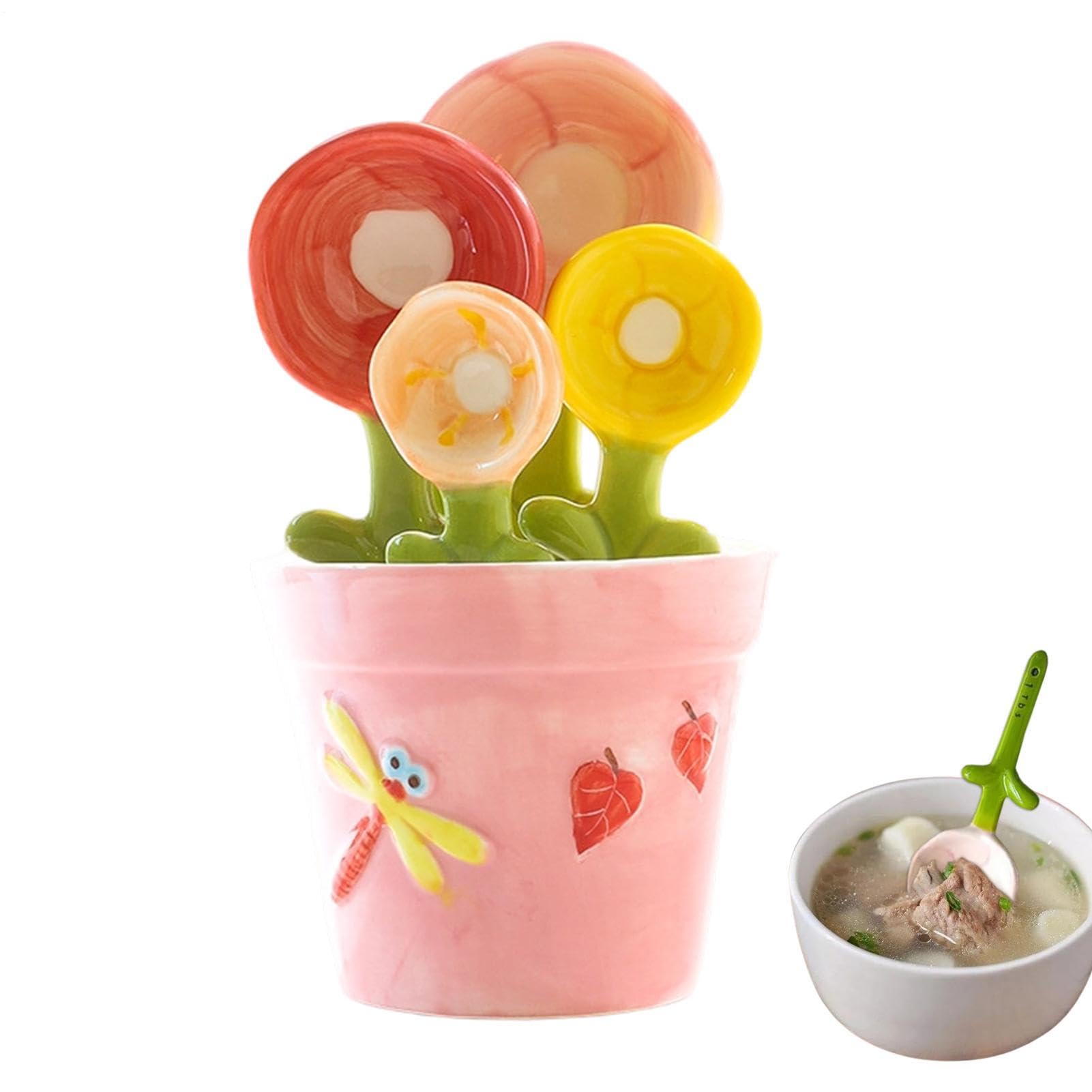 Juego De Cucharas Medidoras Set de Gadgets Decorativos Florales de Cerámica