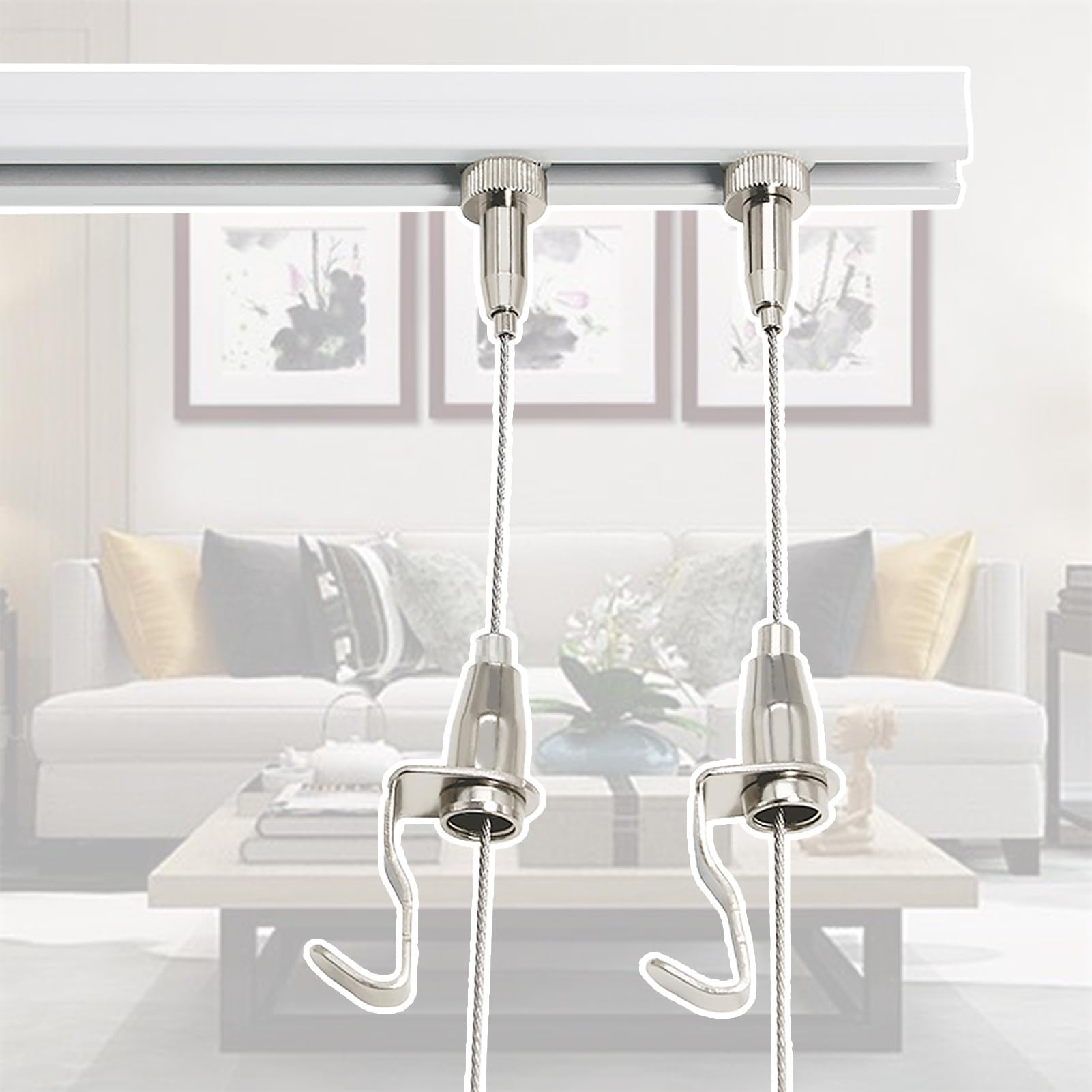 Sistema di binari per Appendere Quadri in casa - Kit per esporre opere d'Arte con carrucole a Molla, Binario Flessibile a Parete per Foto e specchi (Cavo da 3 m, Binario da 61 cm) - Facile d