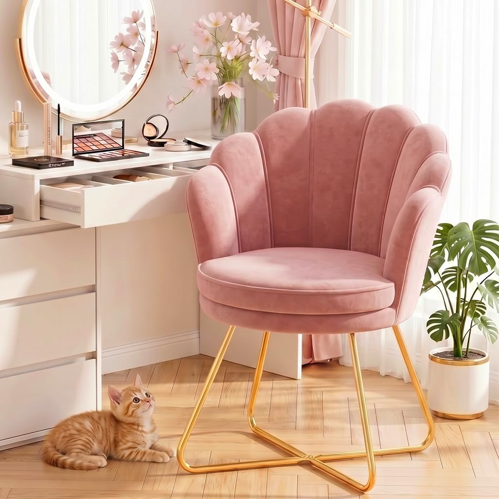 Hellove Chaise Coiffeuse Velours Doré | Fauteuil Salon Confortable, Chaise Coquillage Rose pâle avec Pieds Métal Or, Fauteuil Coiffeuse Idéale pour Salon, Chambre, Lecture, Tabouret Coiffeuse