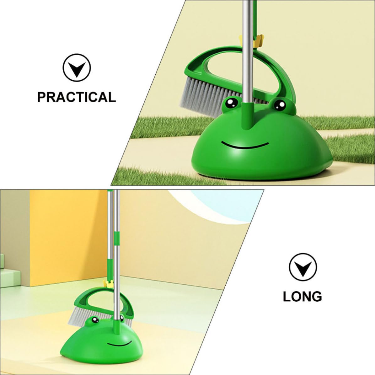 Juego de Escoba y Recogedor Mango Ergonómico y Largo, Material PP y Aluminio Espacial, Adecuado para Limpieza del Hogar y Suelos Verdes
