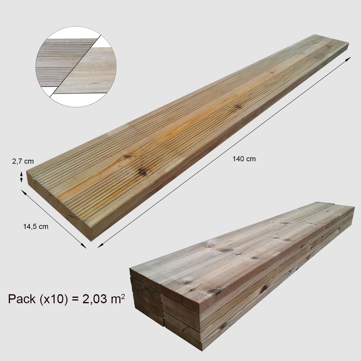Lot de 10 lames de terrasse KDI striées lisses 140 cm (2,03 m²) 27 x 145 mm