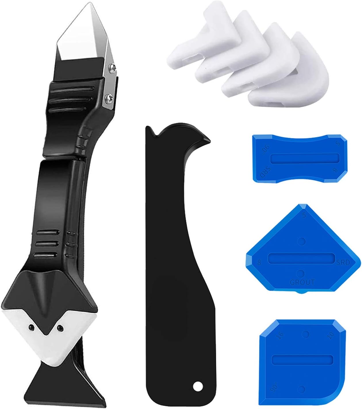 King&Charles Silicone Caulking Tool, Caulk Remover Tool& Grout Removal Tool, Caulk Remover, Silicone Caulking Tool Kit, with 4pc Glass Glue Angle Scraper - 3 in 1 Caulking Finishing Tools