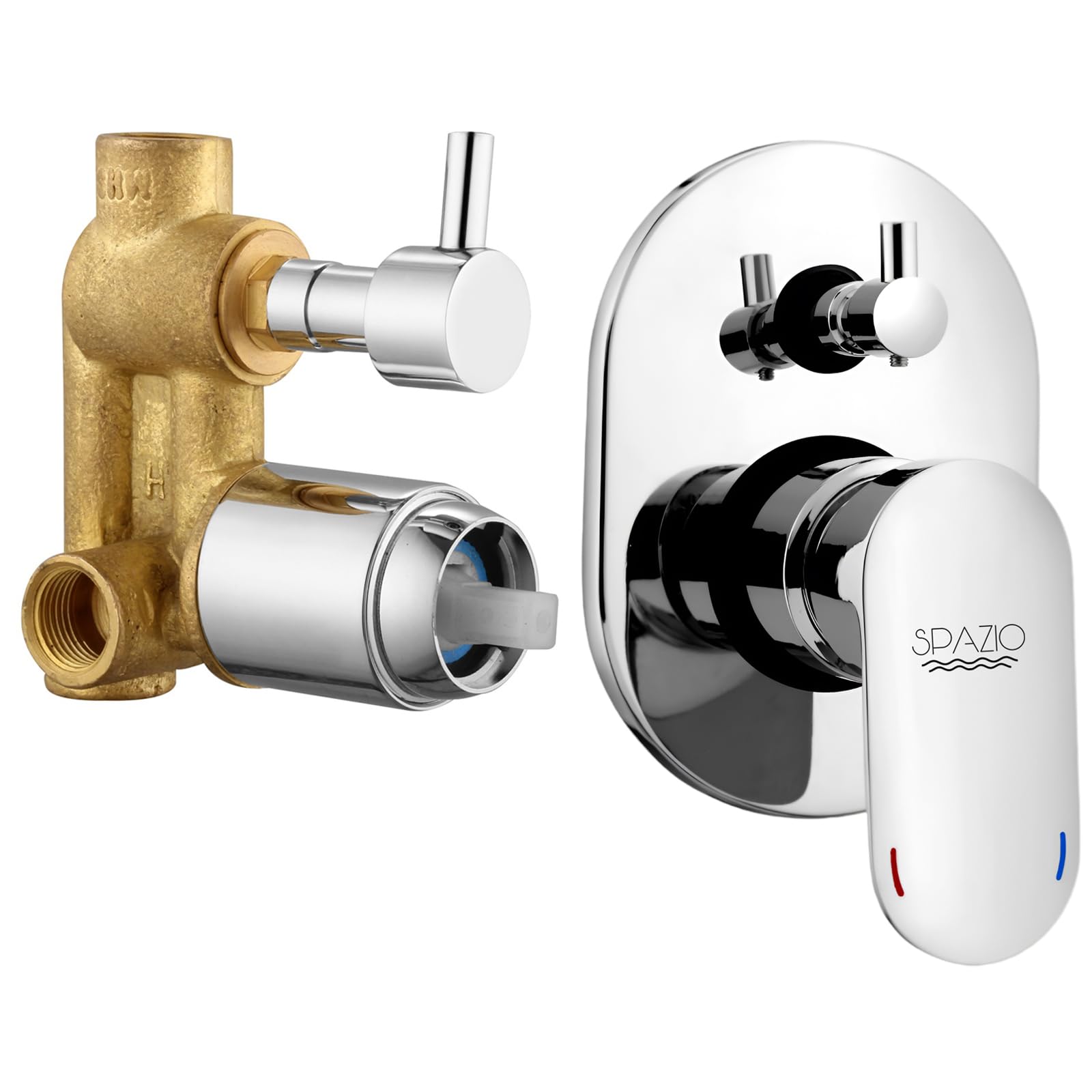 Spazio Opal Brass Single Lever 4 Way / 2 Inlet Concealed Body High Flow Diverter With Exposed Parts Kit Complete Set, Chrome Finish, For Bathroom/Bath & Shower System Diverter Faucet