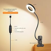 Vista 5 de Lámpara de escritorio con clip para lectura en casa, oficina, 10 brillo regulable, 3 modos, luz de abrazadera para cabecera de cama