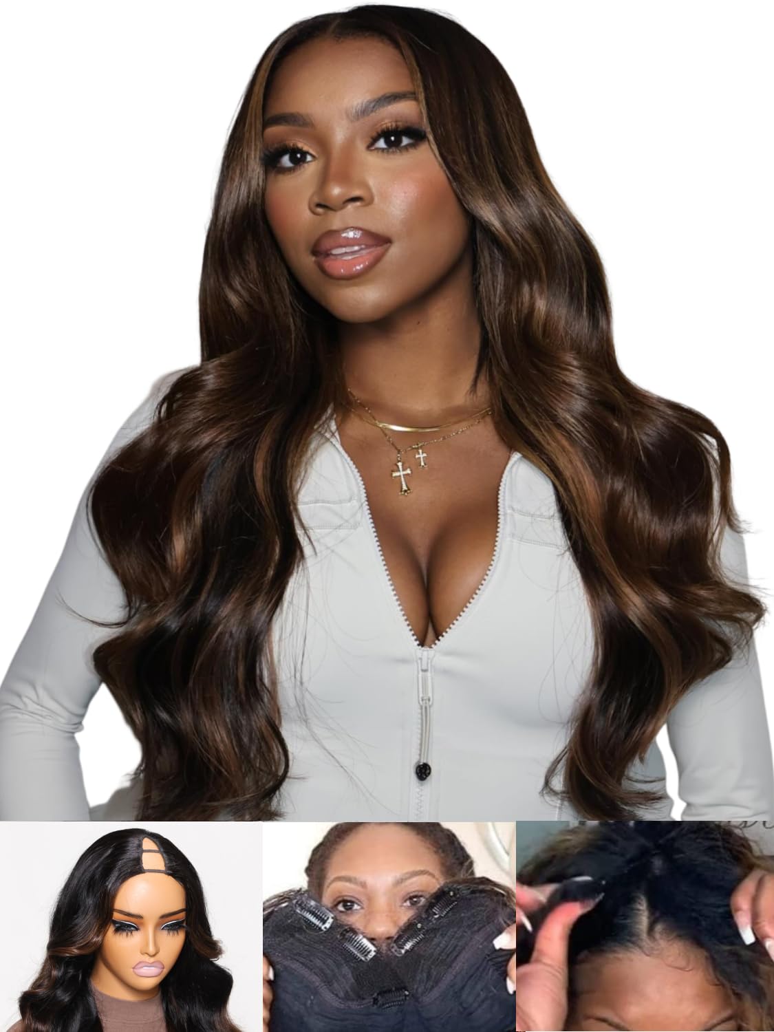Julia Hair 12A Ombre Highlight V Part Wig Body Wave Human Hair Wigs No Gel No Leave Out No Sew-in Beginner Friendly 24 Inch