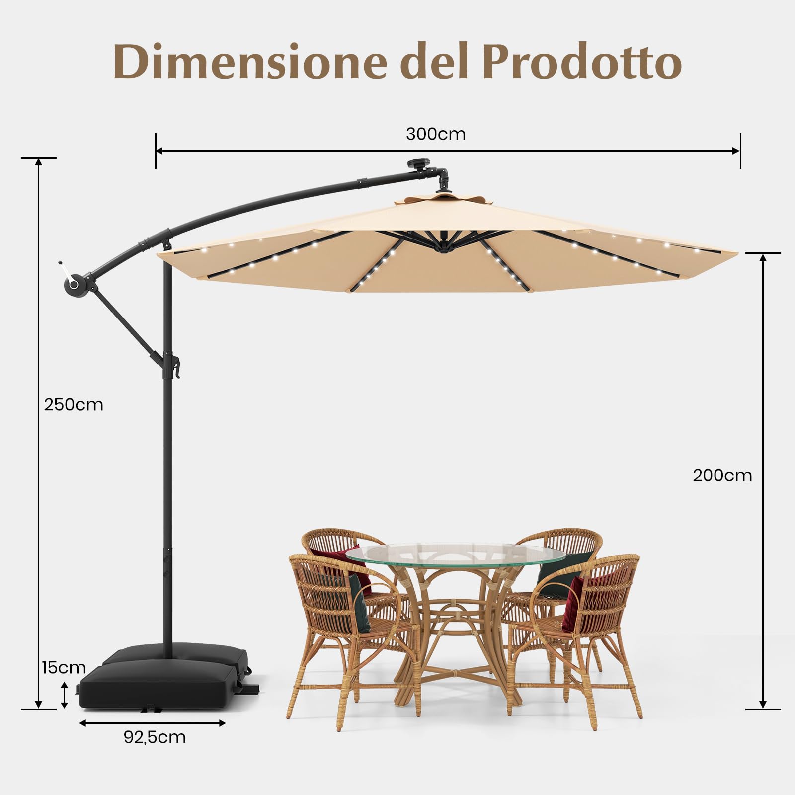RELAX4LIFE Ombrellone da Giardino 3x3M con Luci a LED, Ombrellone da Balcone con Base a Croce e Sacco di Sabbia, Protezione Solare