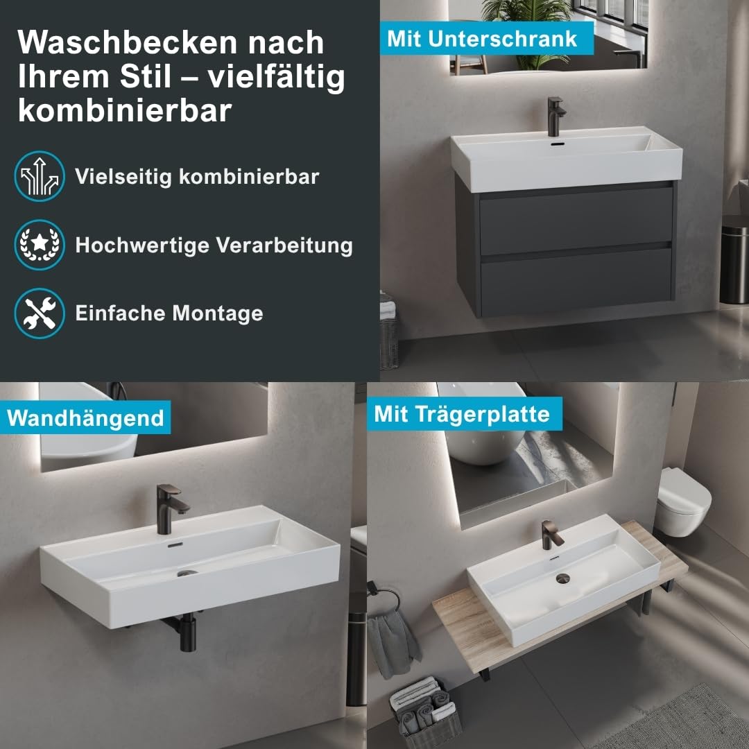 Aqua Bagno lavabo cerámico 80 cm blanco – lavabo encimera rectangular para baño, diseño moderno con borde fino, superficie fácil de limpiar, montaje en pared o sobre encimera | También como lavabo superior, con orificio para grifo, borde fino de 8 mm, mon