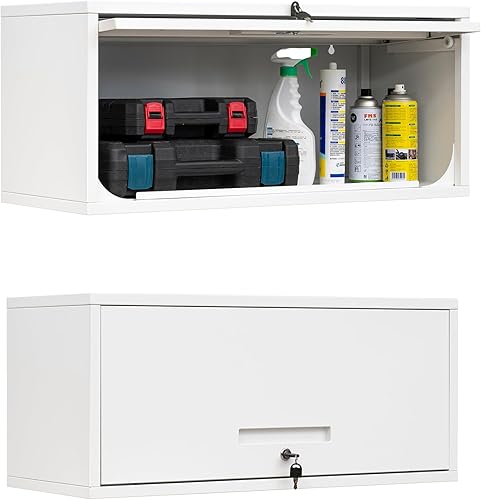 Vista 38 de Yizosh Armario de garaje de metal con puertas, armario de almacenamiento montado en la pared, gabinete de herramientas flotante para sótano, cocina