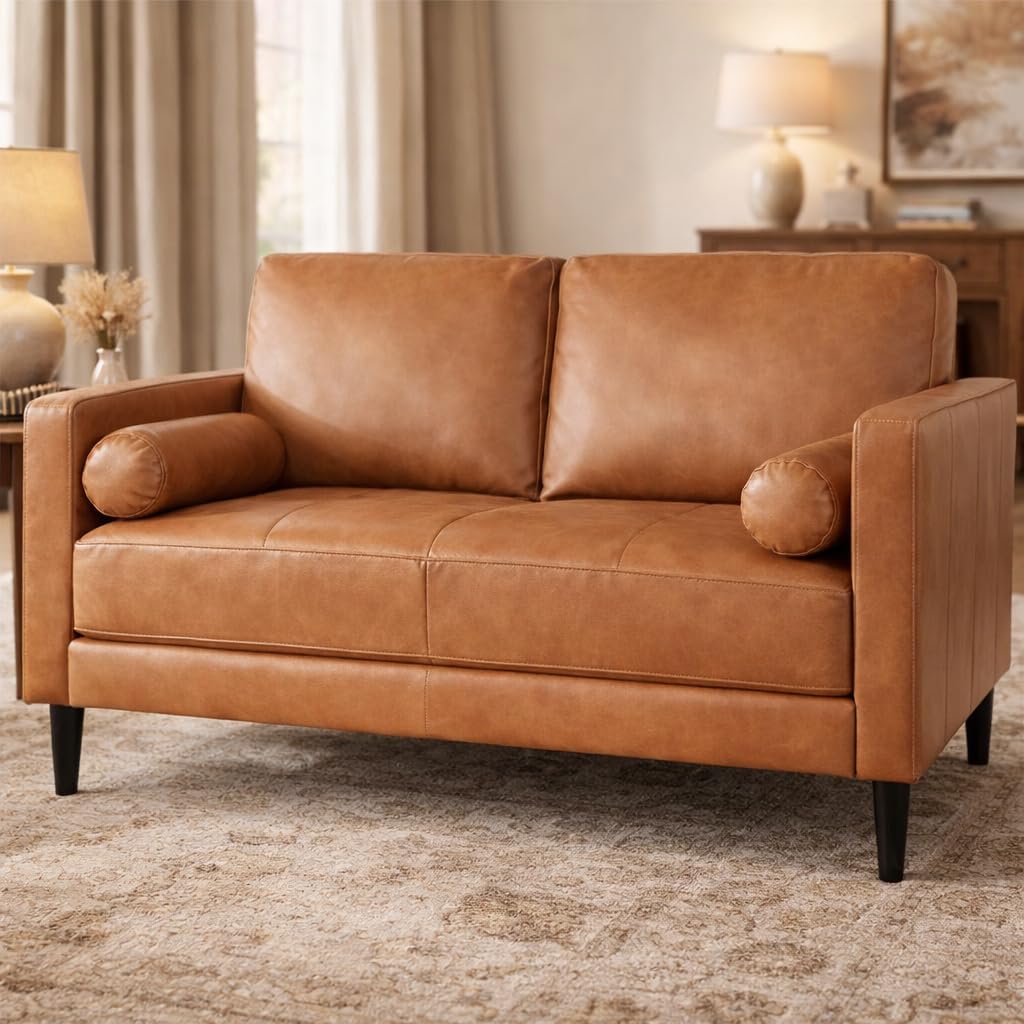Naomi Home Marisa Mid-Century Modern Genuine Leather Loveseat Sofa – Comfortable 2-Seater, Tan Cowhide for Small Spaces & Apartment Living – Robust Hardwood Frame