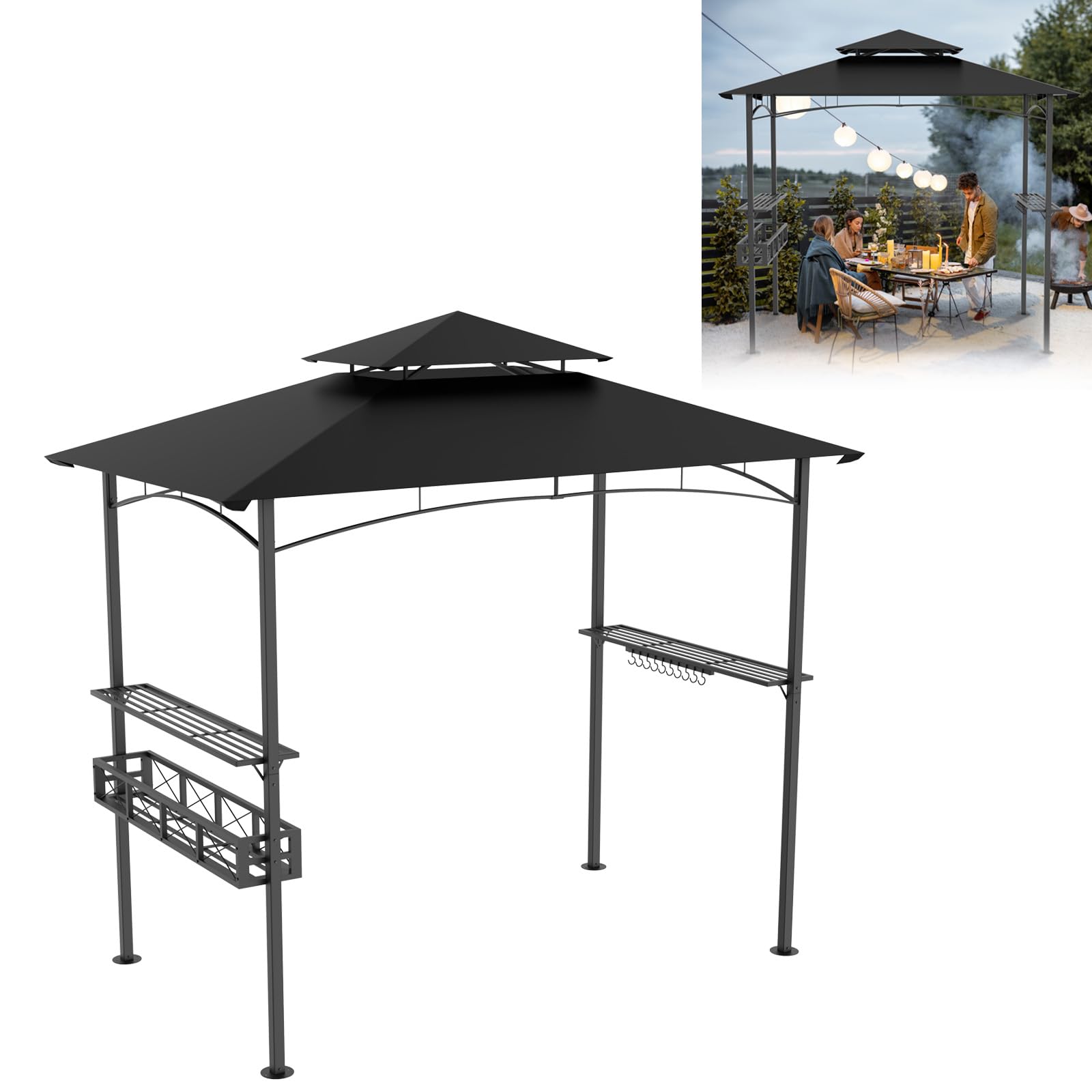 UISEBRT Gazebo per barbecue resistente all'inverno con telaio in metallo e tetto in poliestere, 245 x 153 x 250 cm, protezione da pioggia e sole, include cestino portaoggetti, gazebo per