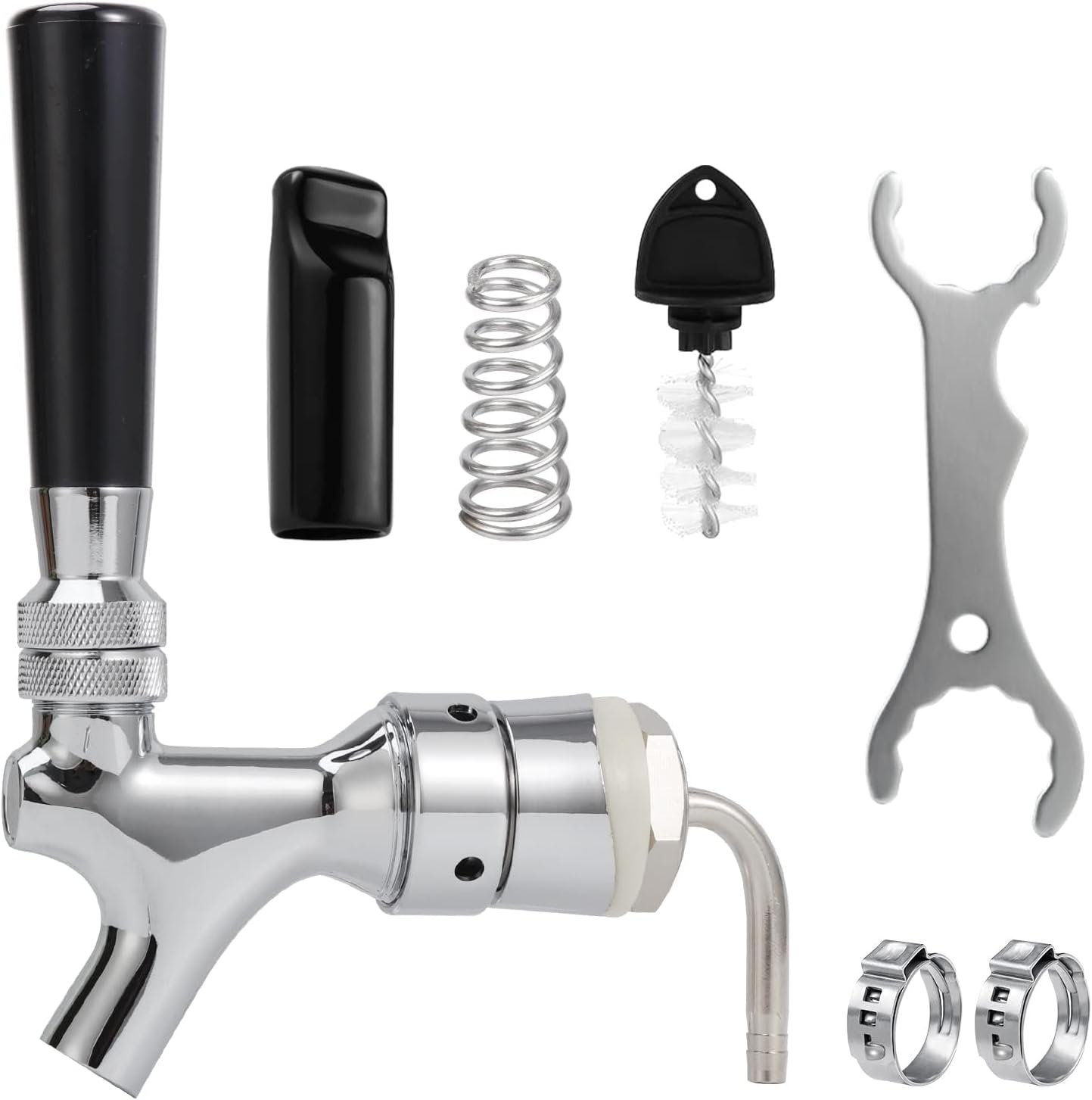 MRbrew Beer Shank Faucet with 1/4'' Barb Fitting, Kegerator Tower Beer Tap Parts - Stainless Core Tap & Hose Clamp, Kegerator Replacement Kit for 3/16'' Liquid Line Homebrew Draft Beer Tower Dispenser