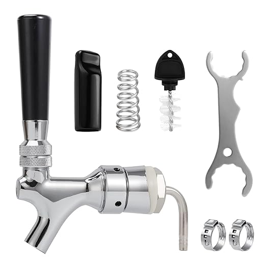 MRbrew Beer Shank Faucet with 1/4'' Barb Fitting, Kegerator Tower Beer Tap Parts - Stainless Core Tap & Hose Clamp, Kegerator Replacement Kit for 3/16'' Liquid Line Homebrew Draft Beer Tower Dispenser