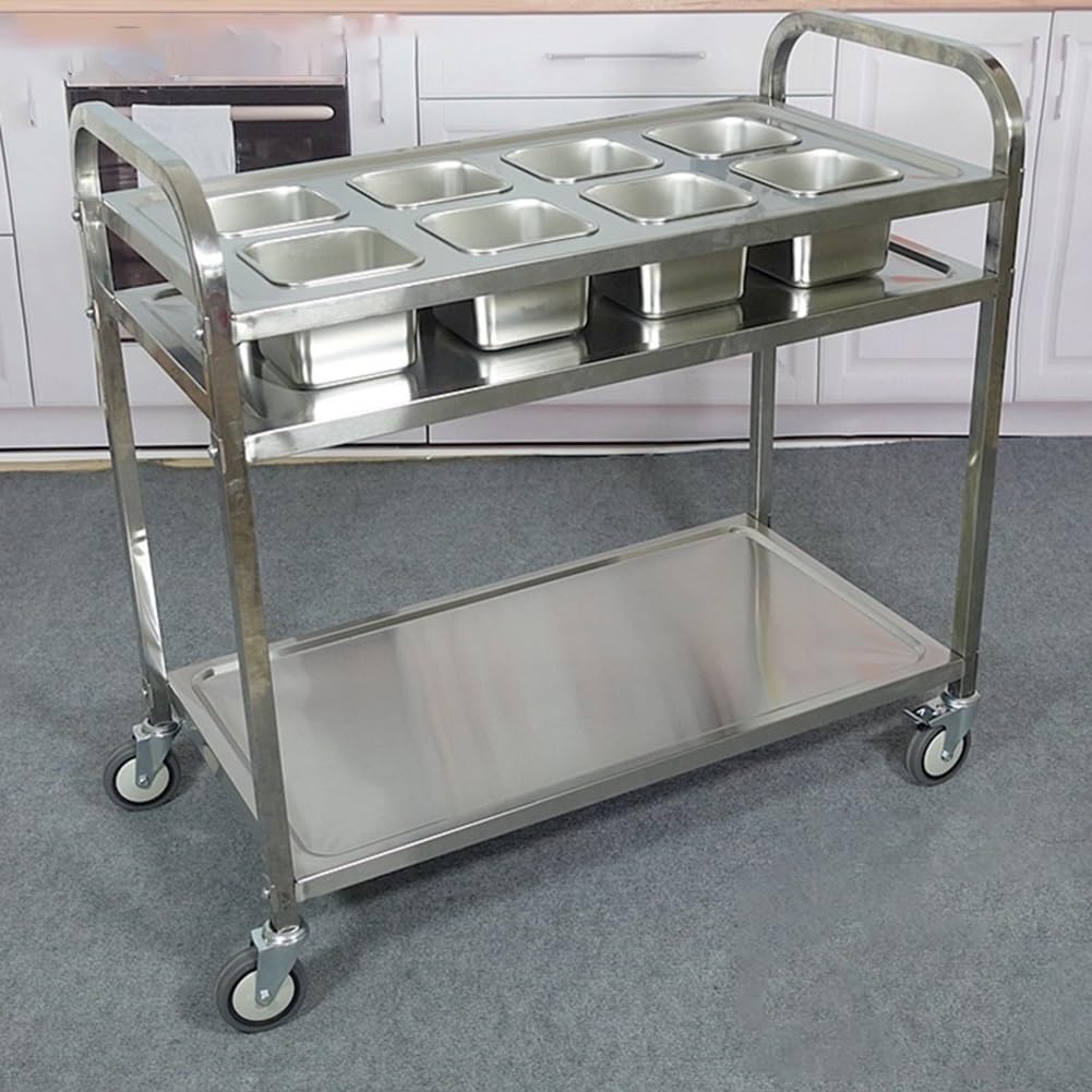 XPLKQXE Carrello per Spezie in Acciaio Inox con 8 Vaschette per Alimenti | Tavolo Da Lavoro Mobile A 3 Ripiani Con Ruote Bloccabili, Acciaio Inox Spessore 0,6 Mm(95x49x93cm)