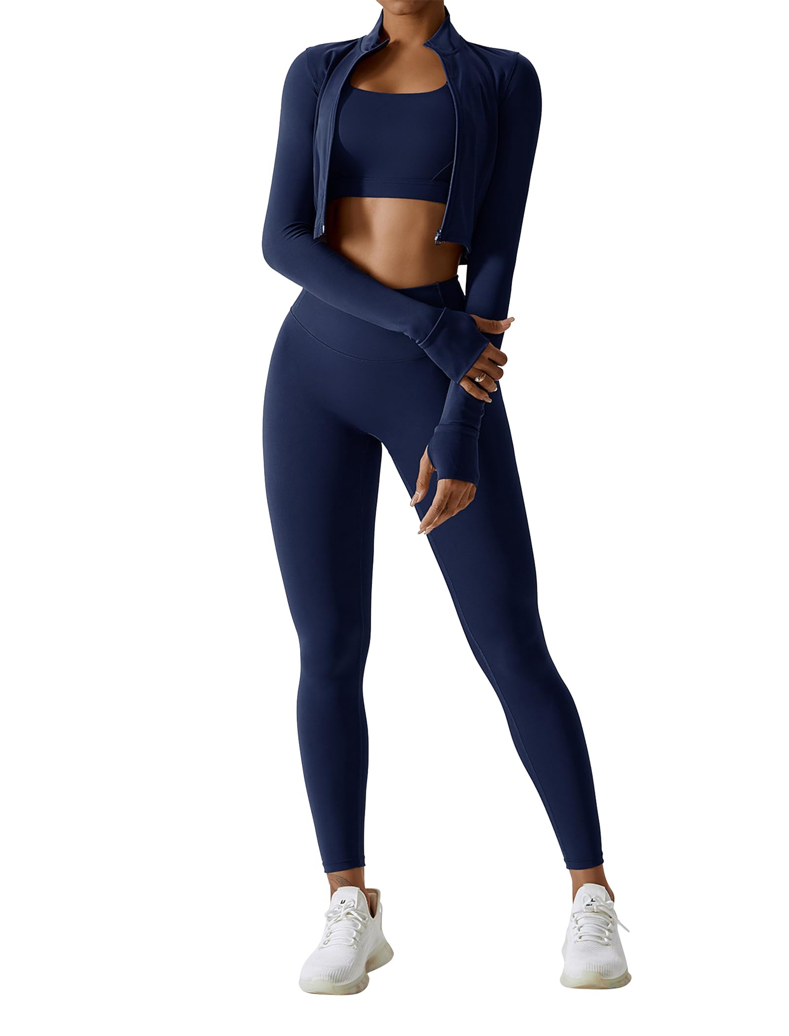 OMEWEE Workout Outfits for Women 3 Piece Long Sleeve Zip Up Cropped Jacket, Sports Bra and Tummy Control Leggings