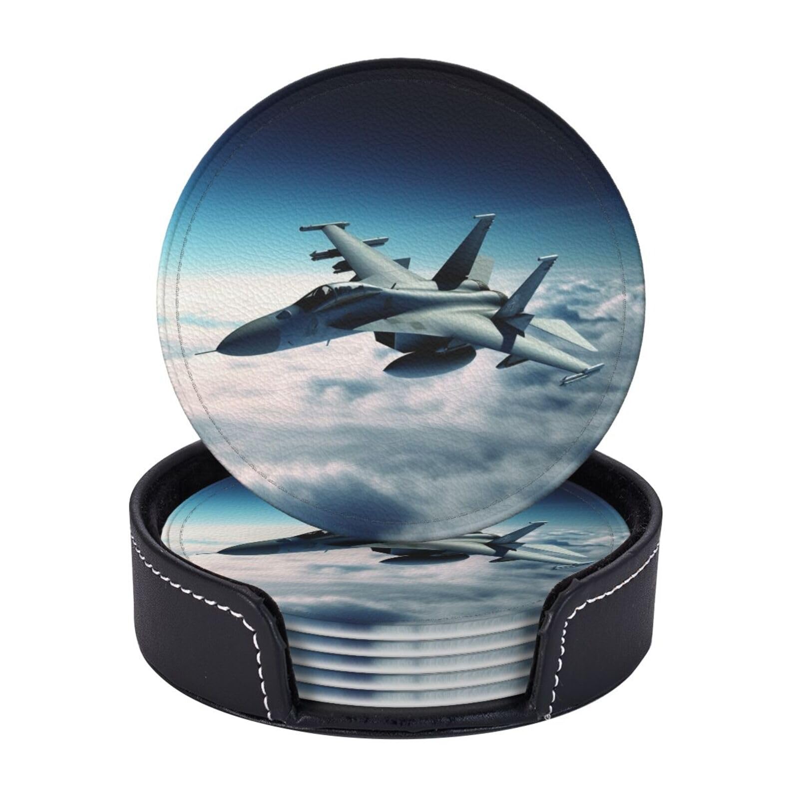 Round Coasters for Drinks Set of 6 - PU Leather Coasters with Holder - Modern Drink Coasters for Coffee Table - Aircraft Fighter Jets Coaster for Tabletop Protection 4" Cup Mat Pad