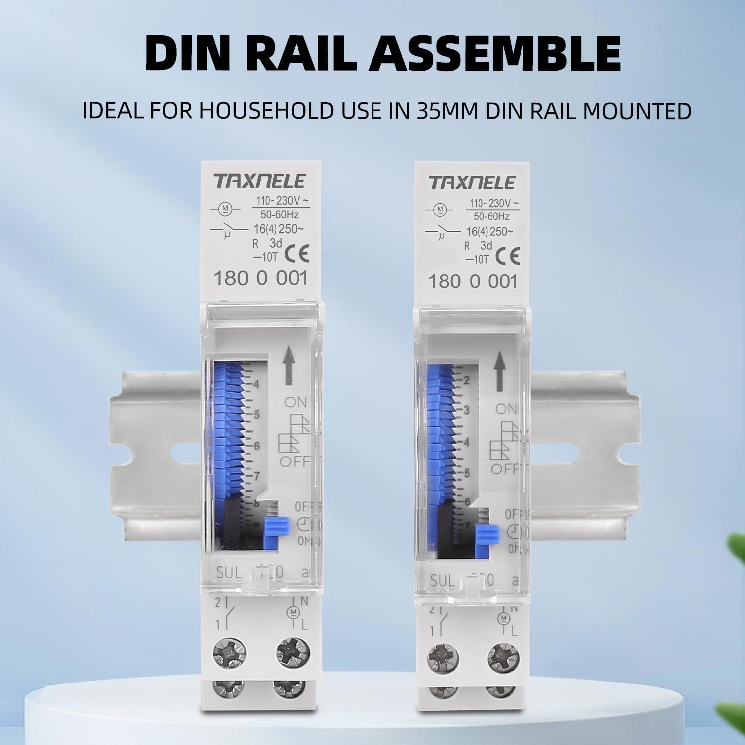 Two TAXNELE SUL180a timer switches mounted on a DIN rail