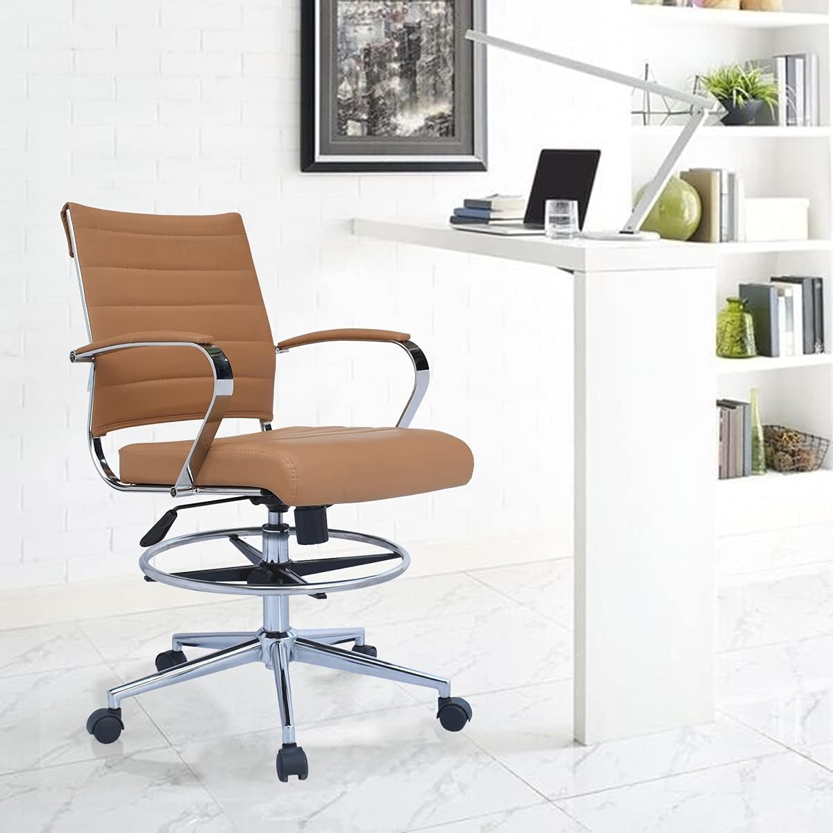 2xhome Modern Drafting Chair | Upholstered PU Leather Ribbed Mid Back with Tall Adjustable Base & Leg Rest | Padded Cushion Seat, Tilt Lock, Swivel | Computer Armchair (2, Beige, Drafting)