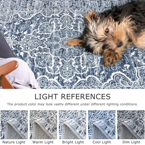 KUTA Vintage Washable Rug, 2PCS 2x3 and 2x6 Blue White Runners for Hallways Non-Slip Kitchen Area Rugs Ultra Soft Printed Distressed Floral Floor Carpet for Laundry Bedroom Living Room Nursery