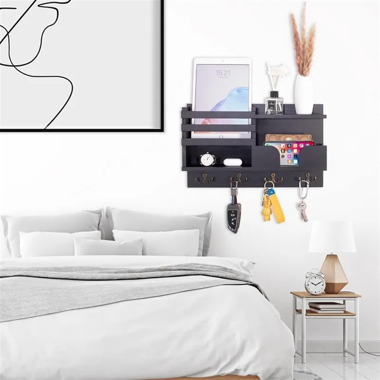 Wall Mounted Coat Rack Coat Rack Wall Mount Wooden Wall Hook Key Holder Box with 4 Double Hooks Wall Mounted with Shelf Handmade for Hanging Coat, Jacket, Clothes, Hat Rack for Wall (Black One Size)