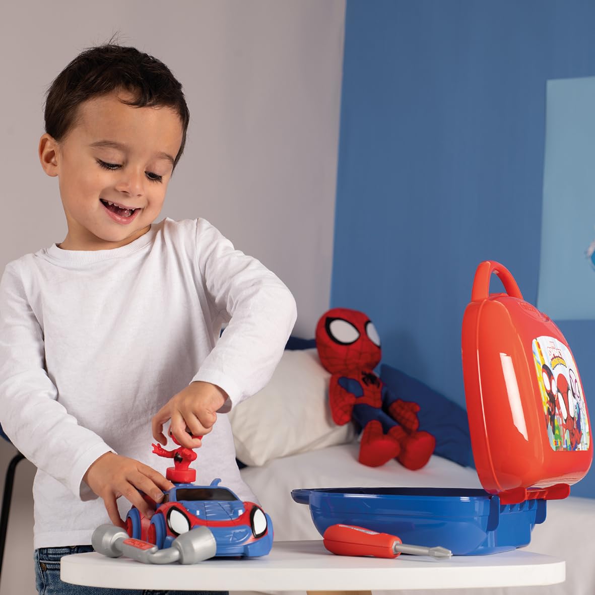 Smoby - Valigetta degli attrezzi di Spidey, 7600360905, +3 anni, 17 accessori inclusi, auto Spidey da costruire, personaggio Spidey