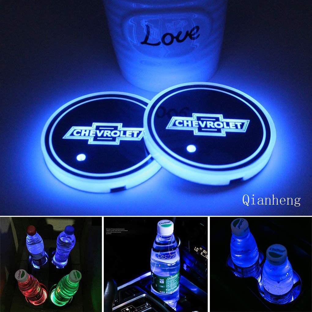 2pcs LED Car Cup Holder Lights for Chevrolet, 7 Colors Changing USB Charging Mat Luminescent Cup Pad, LED Interior Atmosphere Lamp