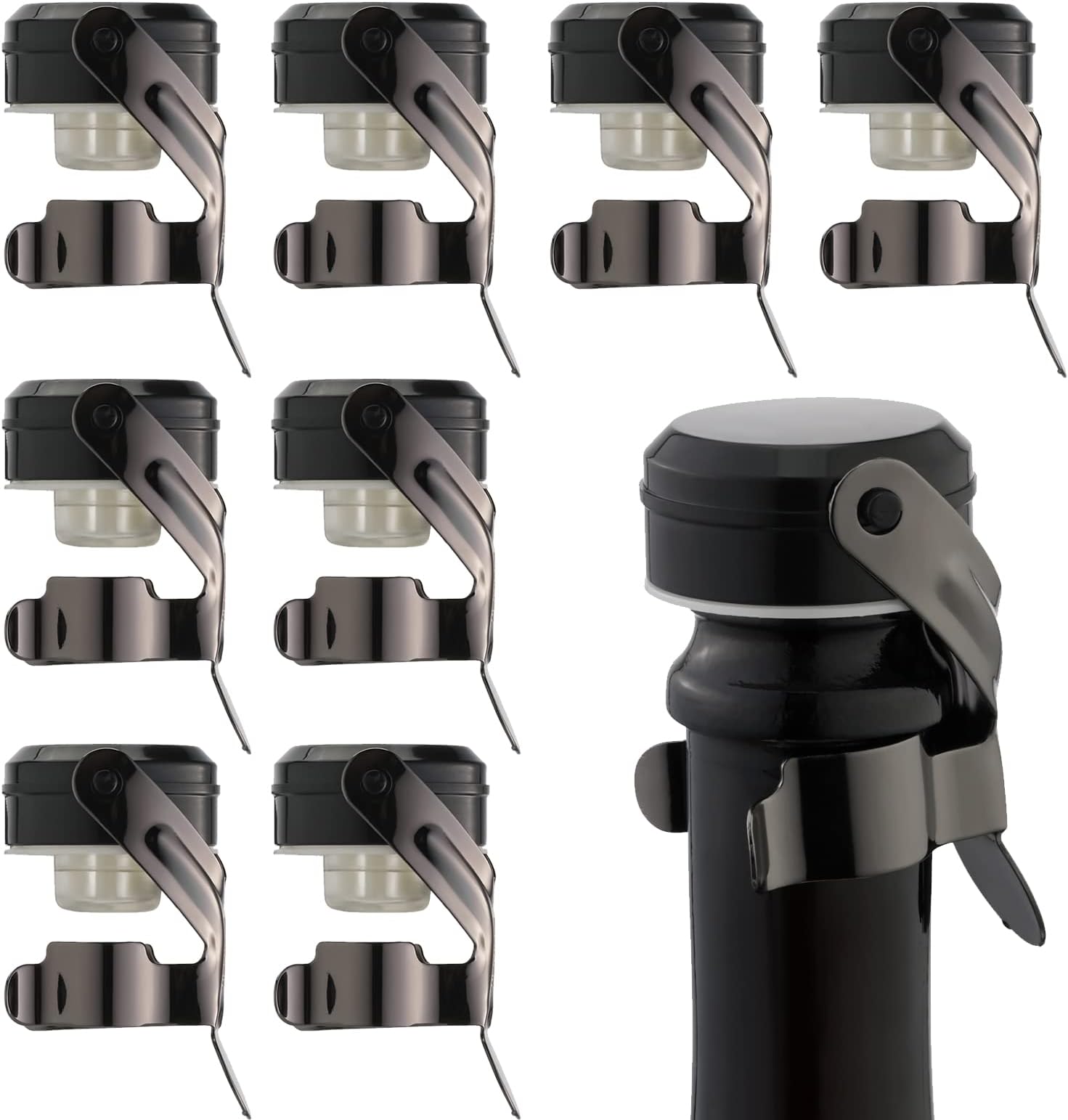 - WOTOR Champagne&Wine Bottle Stoppers Stainless Steel with Food Grade Silicone, Leak Proof Keep Fresh Reusable Saver, Cork Suitable for Wine, Champagne, Cava, Prosecco and Sparkling (8 Pack Black)
