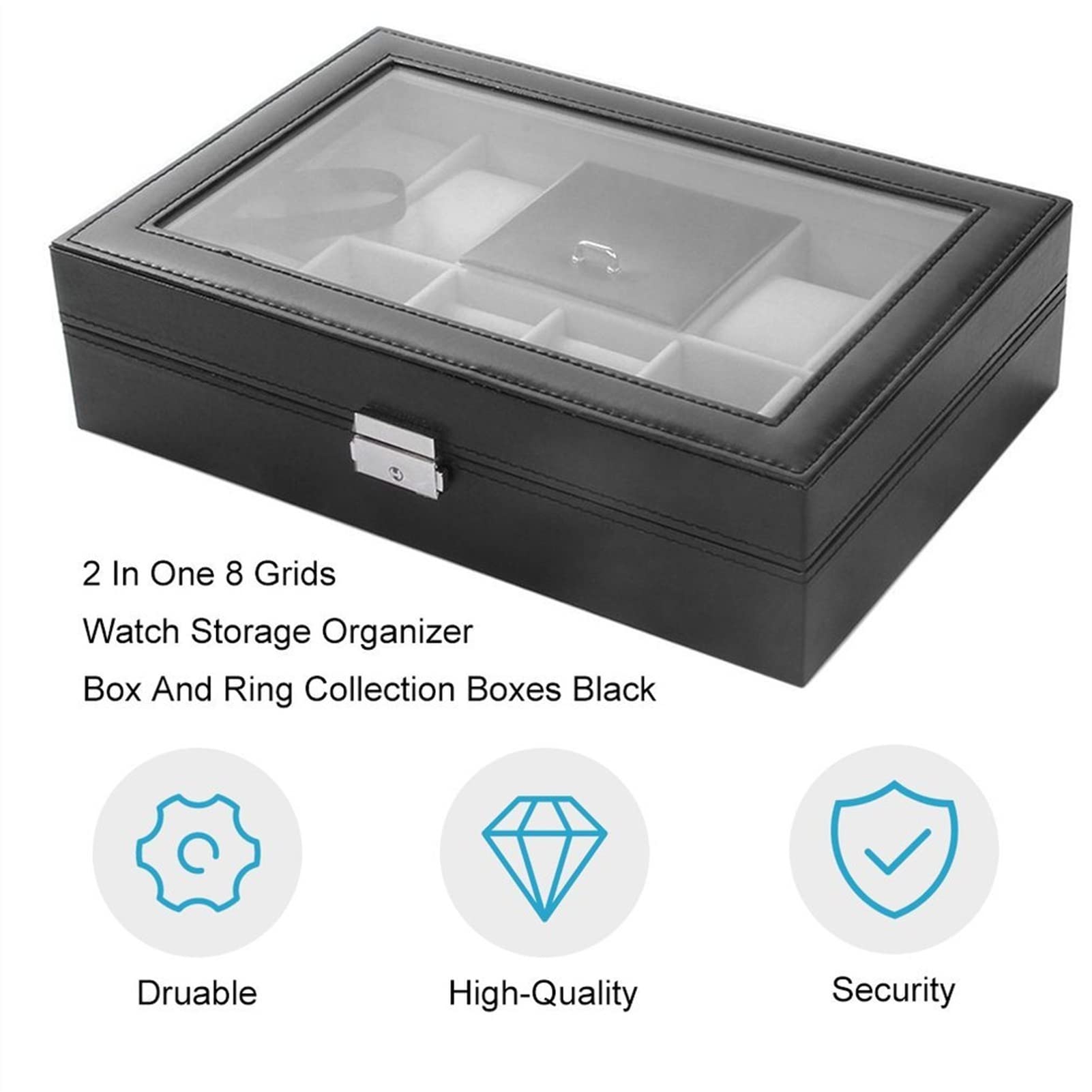 Uhrenbox, Uhrengehäuse, Aufbewahrungsbox, Uhrenbox, Uhrenbox für Damen und Herren, 12 Fächer, schwarze Uhrenbox, PU-Lederetui, Organizer mit Schmuckschublade zur Aufbewahrung und Präsentation von