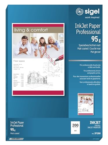 SIGEL IP288 InkJet-Papier Professional, A4, 200 Blatt, spezialbeschichtet matt, weiß, 95 g, für Präsentationen, Bewerbungen, Flyer