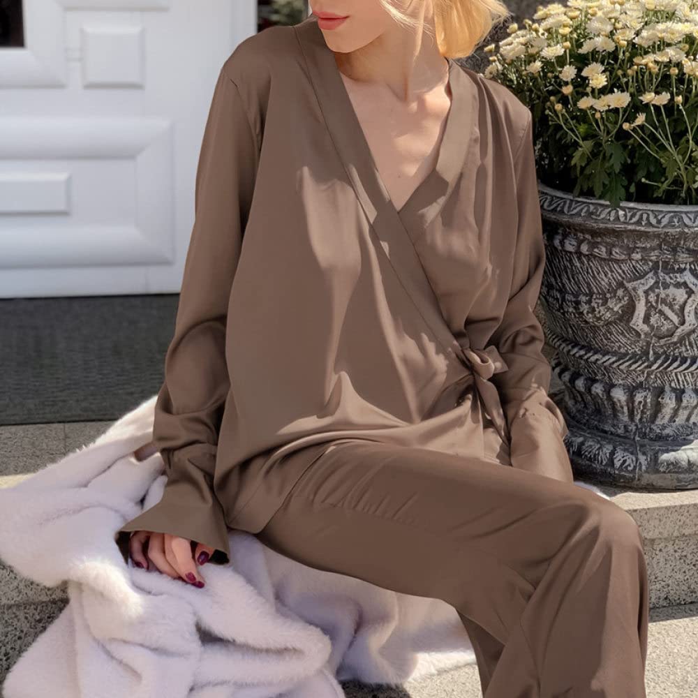 Ensembles De Pyjama Femme,Pantalon De Pyjama De Vêtements De Nuit À Manches Longues avec Col en V Marron avec Fentes Ensemble Femmes Douce Personnalité Deux Pièces Pyjama Festival Cadeau pour So