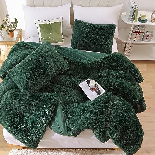 Smoofy Fluffy Queen Comforter Set, Faux Fur Comforter Set Queen Size, Luxury Fuzzy Bedding Set, Soft Shaggy Bed Set for All Season, 3 Pieces - 1 Comforter & 2 Pillowcases, Dark Green