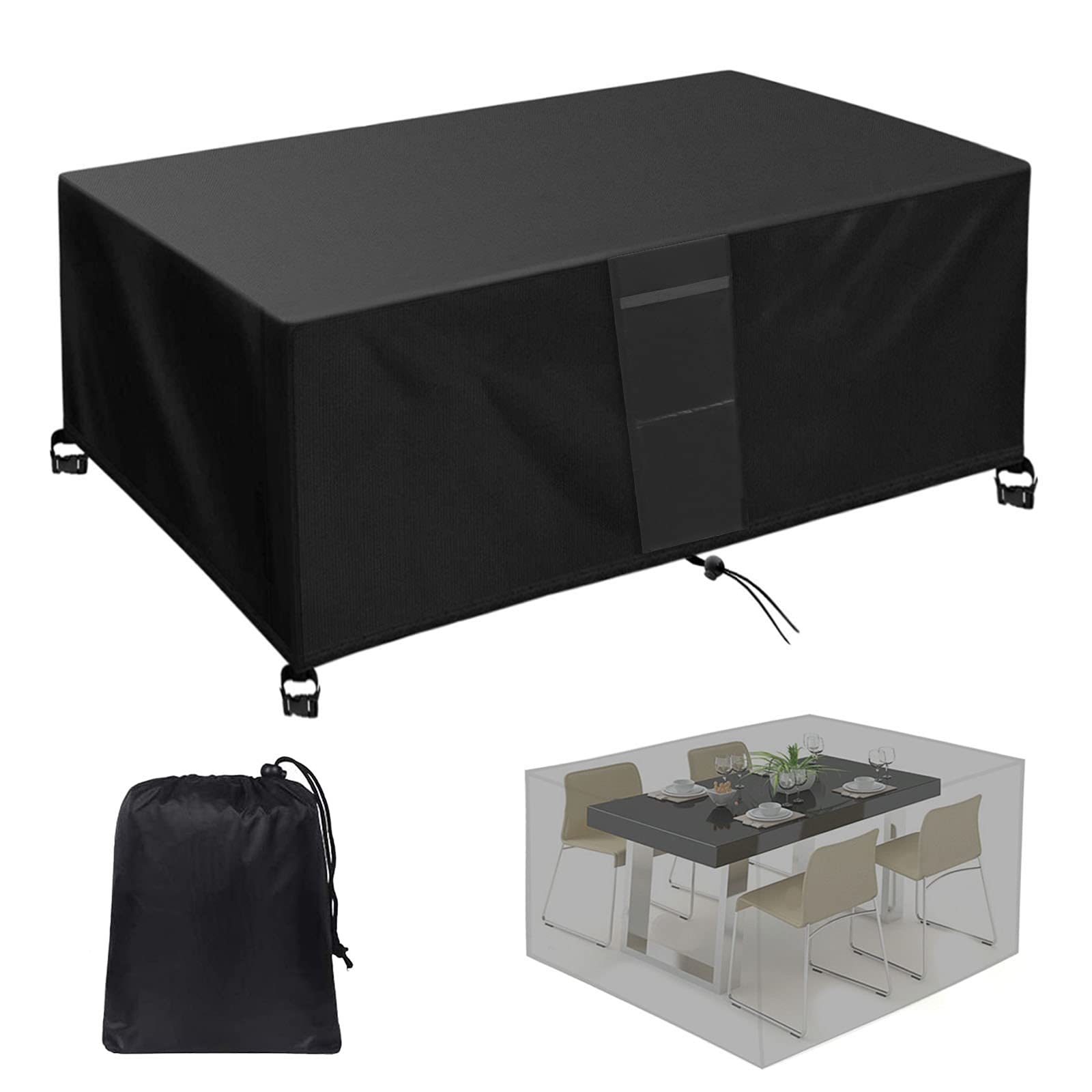 Copertura impermeabile per mobili da giardino con 4 fibbie antivento in tessuto Oxford 420D, resistente, per tavolo, sedia, divano, esterno, nero, 308 x 138 x 89 cm