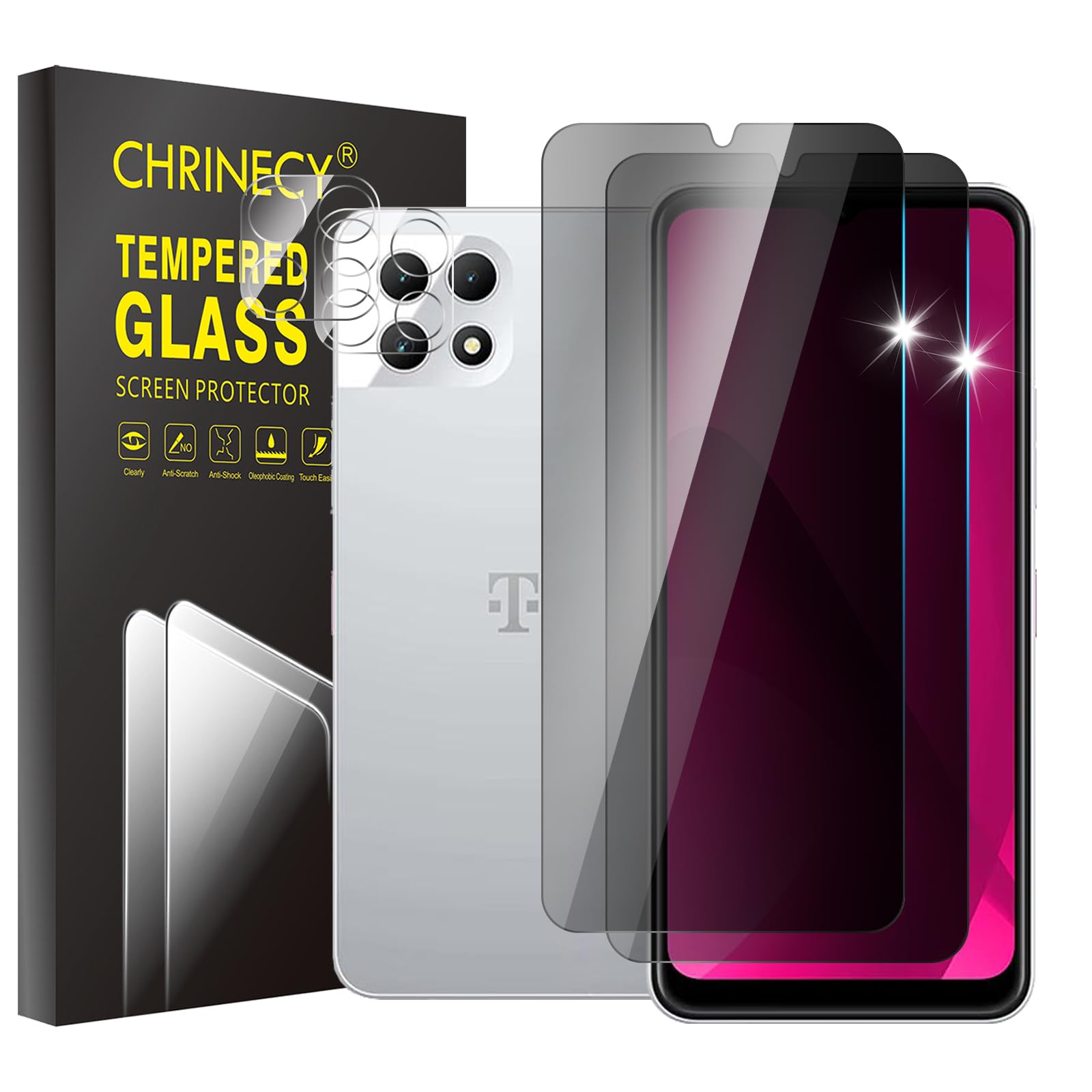 CHRINECY 2+2 Pack Privacy Screen Protector for T-Mobile Revvl 7 5G | With Camera Lens Protectors, 9H Tempered Glass, Anti-Spy, Case Friendly