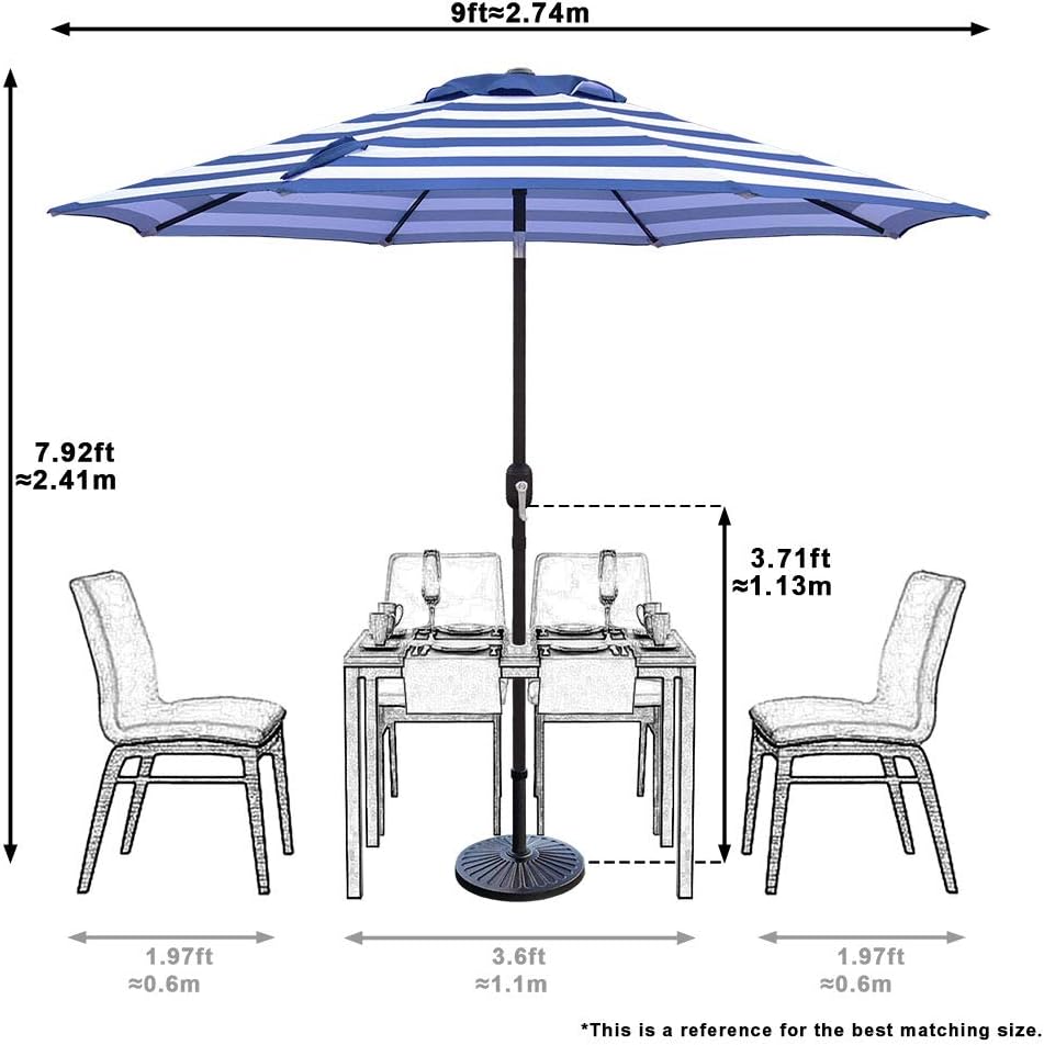 ABBLE Outdoor Patio Umbrella 9 Ft Stripe with Crank and Tilt, Weather Resistant, UV Protective Umbrella, Durable, 8 Sturdy Steel Ribs, Market Outdoor Table Umbrella - Blue and White