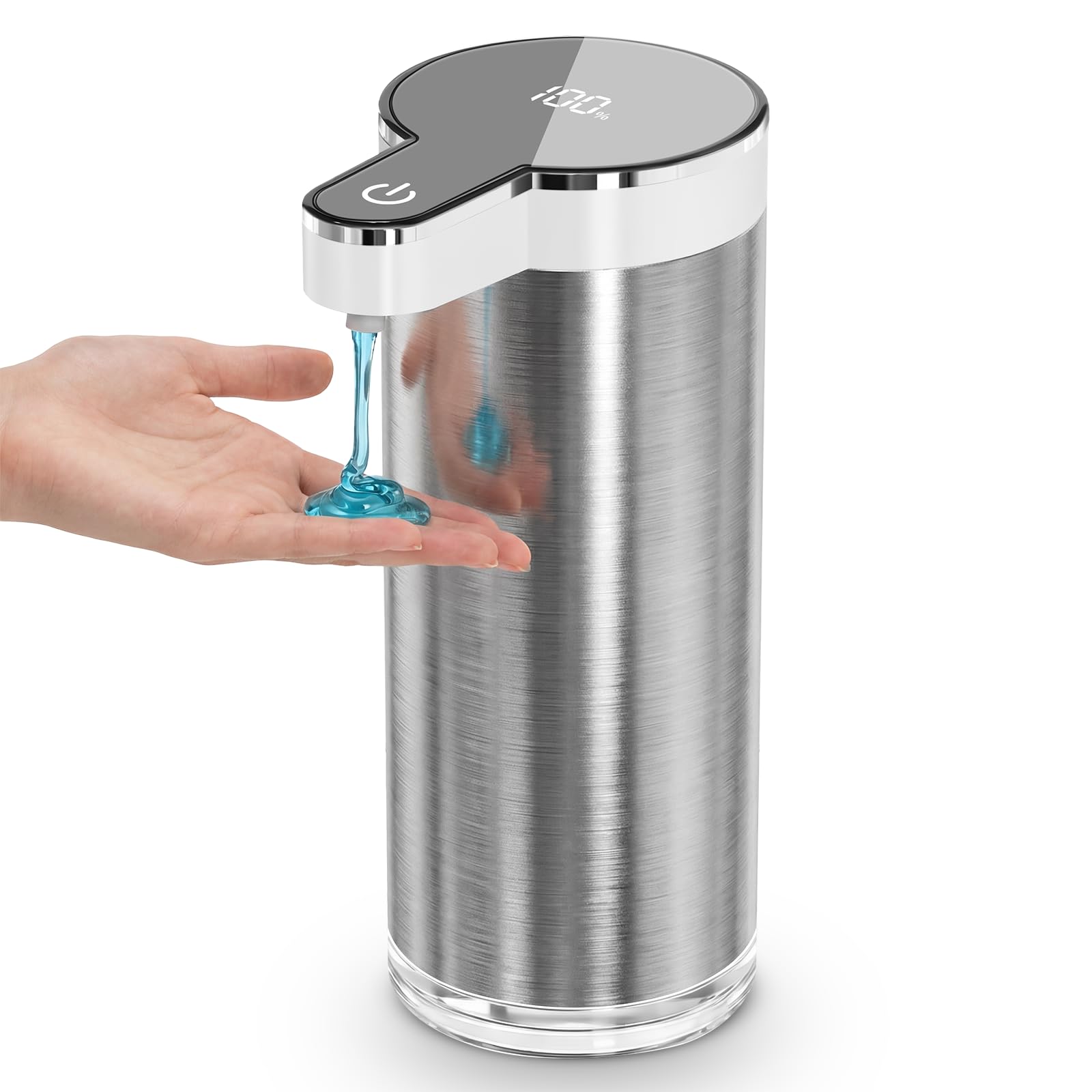 Dispensador automático de jabón sin contacto, dispensador de jabón de manos de acero inoxidable, recargable por USB, 4 niveles ajustables, 350 ml, para cocina y baño (acero inoxidable blanco, líquido)