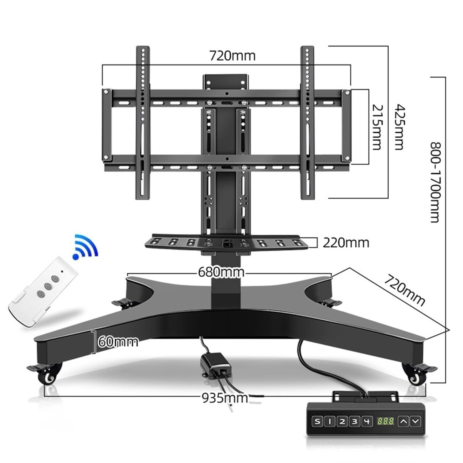 Carrito Móvil para TV con Ruedas: Elevador De TV Eléctrico Telescópico, Soporte De Suelo Portátil, Elevador Motorizado con Control Remoto, Función De Memoria De Altura De 4 Niveles