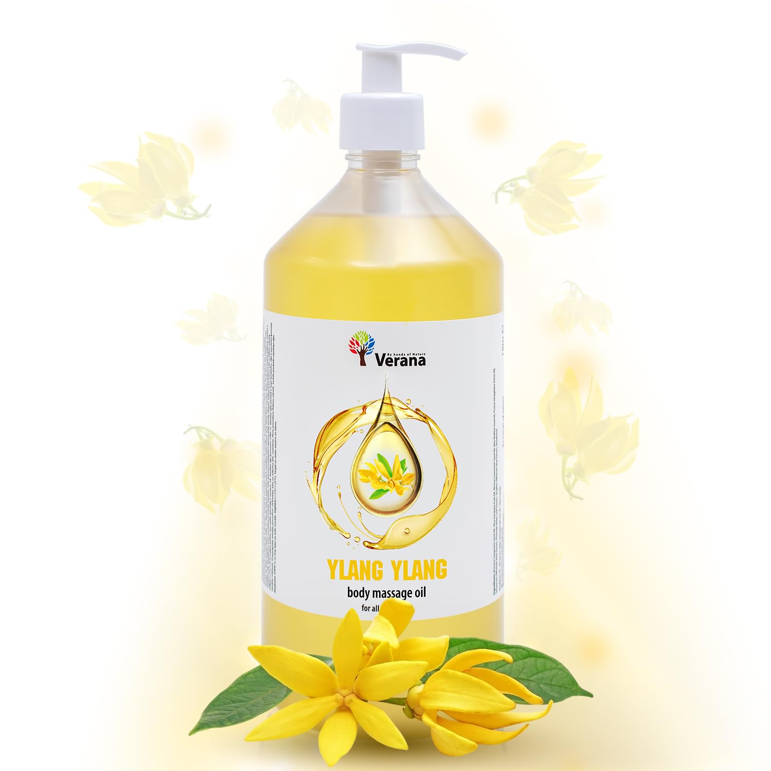 Huile de massage Verana, Ylang Ylang, Huile cosmétique naturelle pour le corps, Pour tous types de peau, Massage rajeunissant et revitalisant, Aromathérapie (1L)