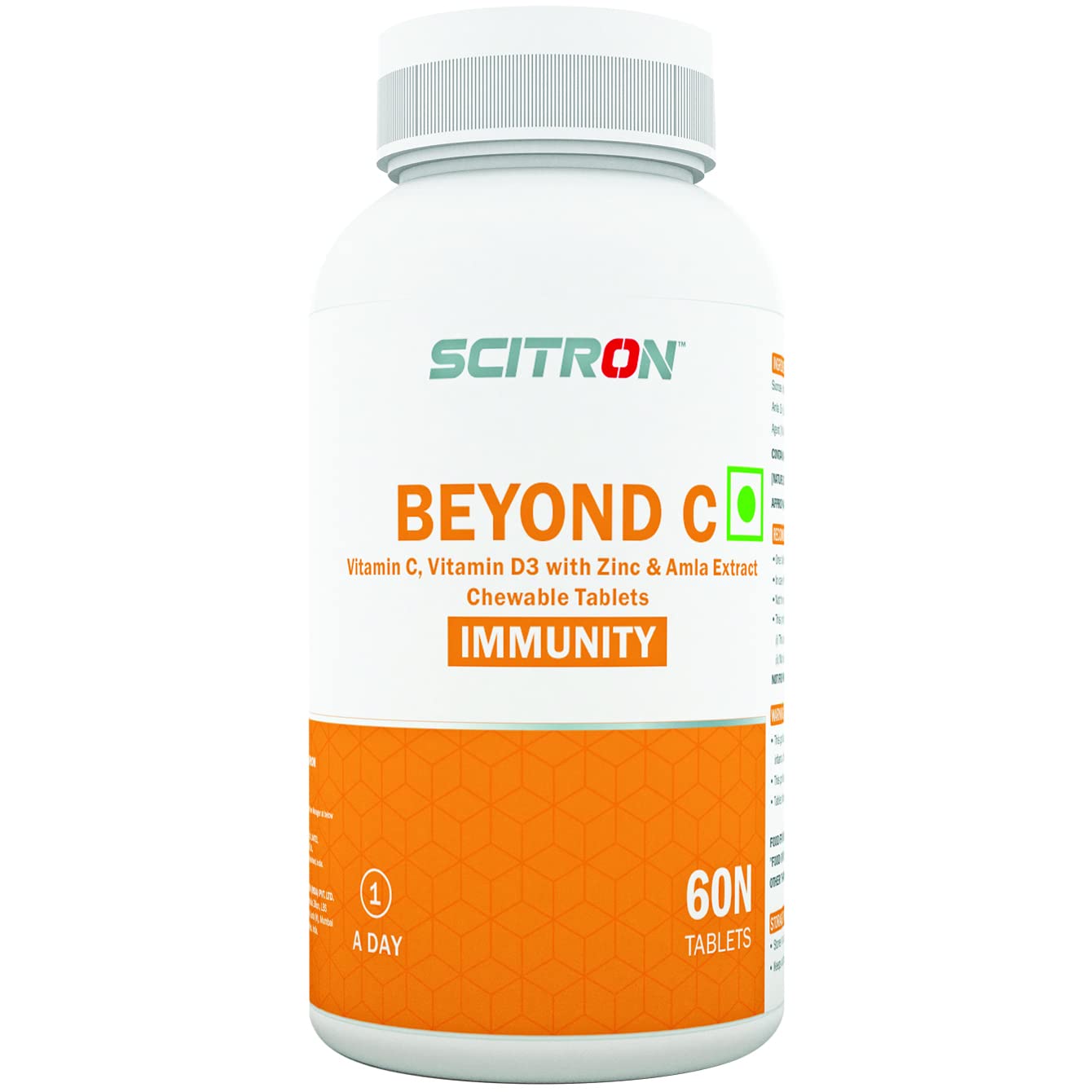 SCITRONBeyond C (Vit C, Vit D3 with Zinc & Amla Extract, Supports Immunity) Chewable Tablets, Orange, 60 Count