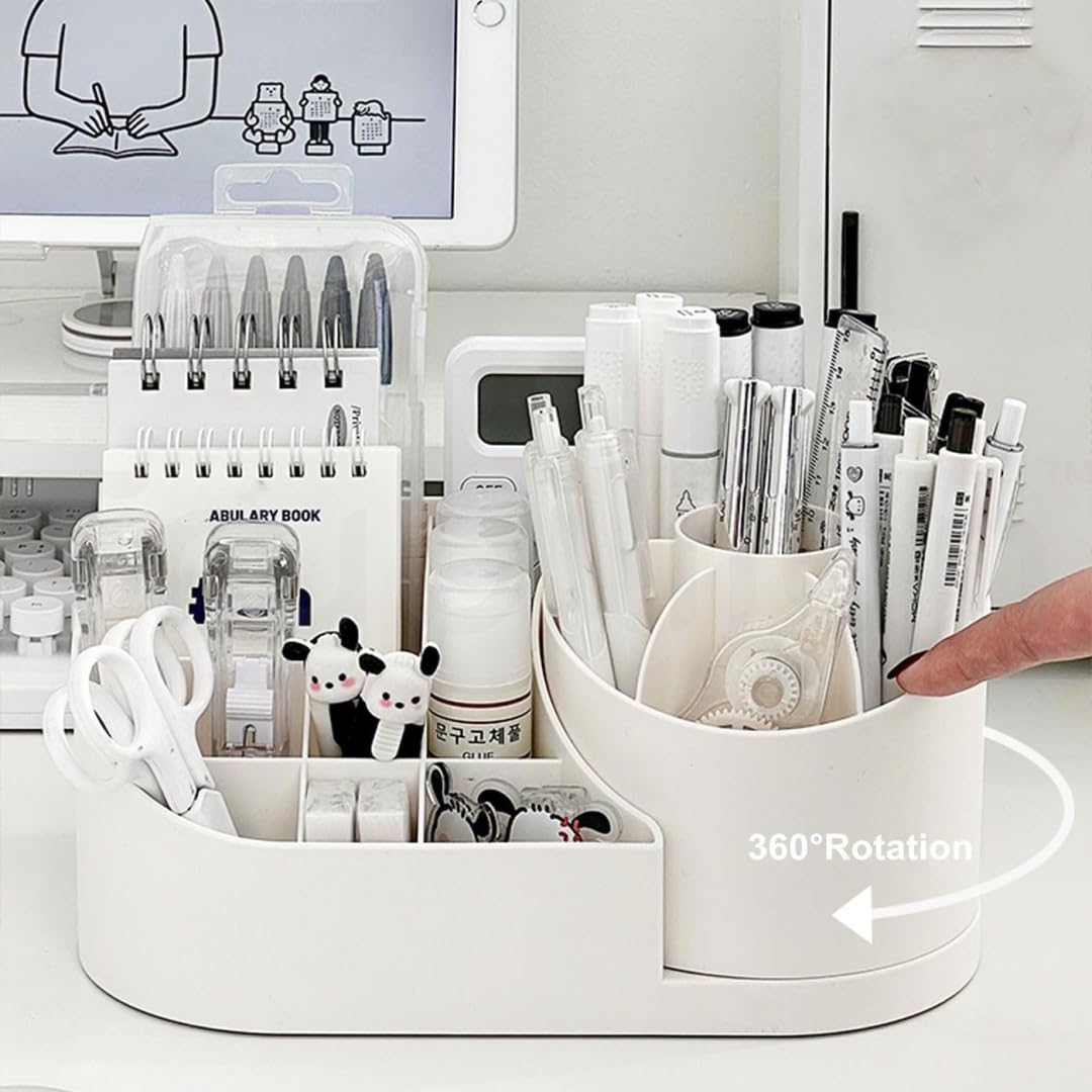 TRUBILLION Revolve 360 Degree Rotating Office Desk and Makeup Brush Organizer Stand, Multipurpose Organizer with 16 Compartments for Brushes, Pens, Stationary – Durable, No Installation Needed (White)