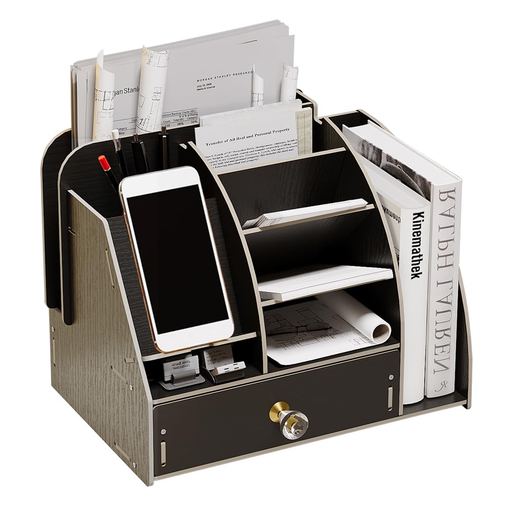 NUODWELL Upgrade Wooden Desk Stationary Organiser with Phone Docking Station