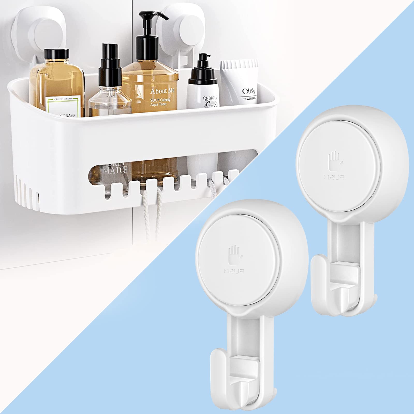 Budget Good Shower Caddy Suction Cup and Elegear Heavy Duty Shower Suction Hooks 4-Pack Bundle
