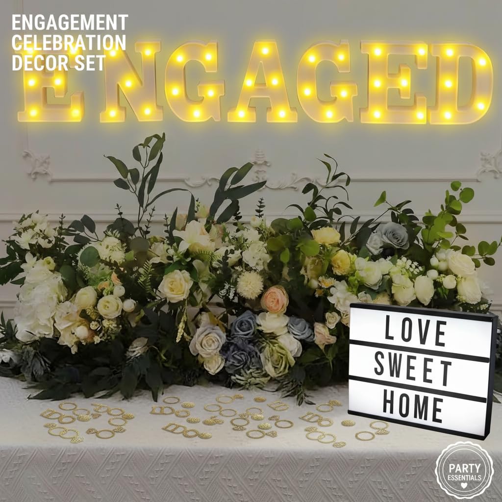 Juego de 9 piezas de decoración de fiesta de compromiso con 7 letras LED comprometidas, caja de luz retro con 96 letras y personajes, y confeti brillante para decoración de propuesta de boda