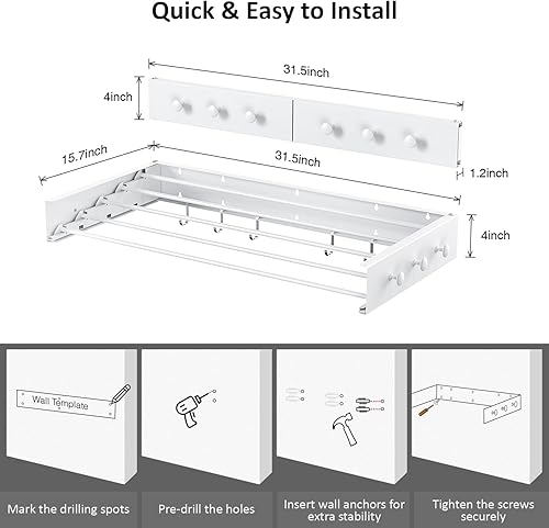 Miniatura 2 de Tendedero de secado para ropa, montaje en pared, plegable, plegable, capacidad de 60 libras, 5 postes de aluminio con 6 ganchos (blanco, 31.5