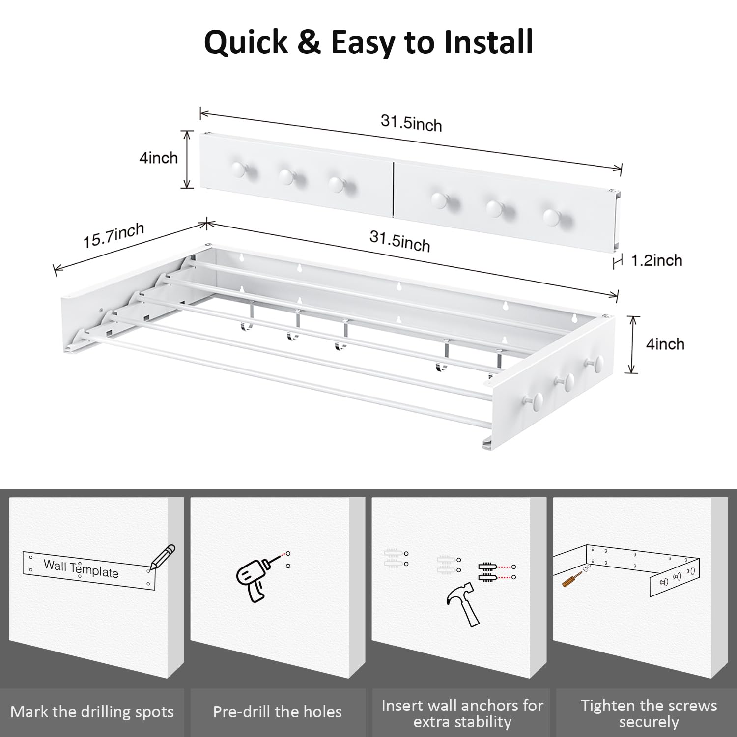 Estante de secado de ropa, estante de secado de ropa, montaje en pared, plegable, capacidad de 60 libras, 5 postes de aluminio con 12 ganchos (blanco, actualización de 31.5 pulgadas)