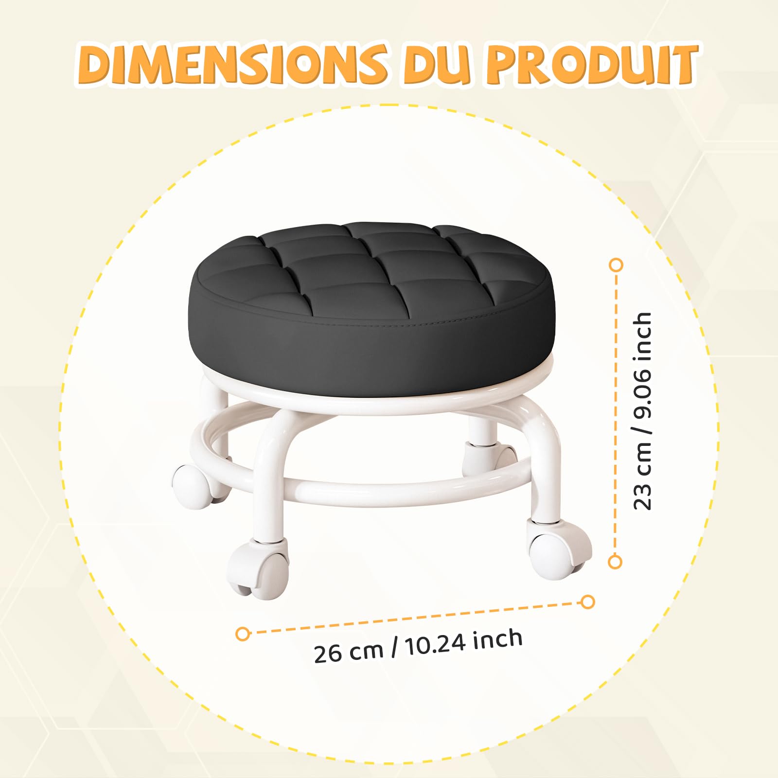 Qianly Tabouret de Siège à Roulettes Bas, Rotation 360°, Coussin Ergonomique, Mini Tabouret Mobile, Noir