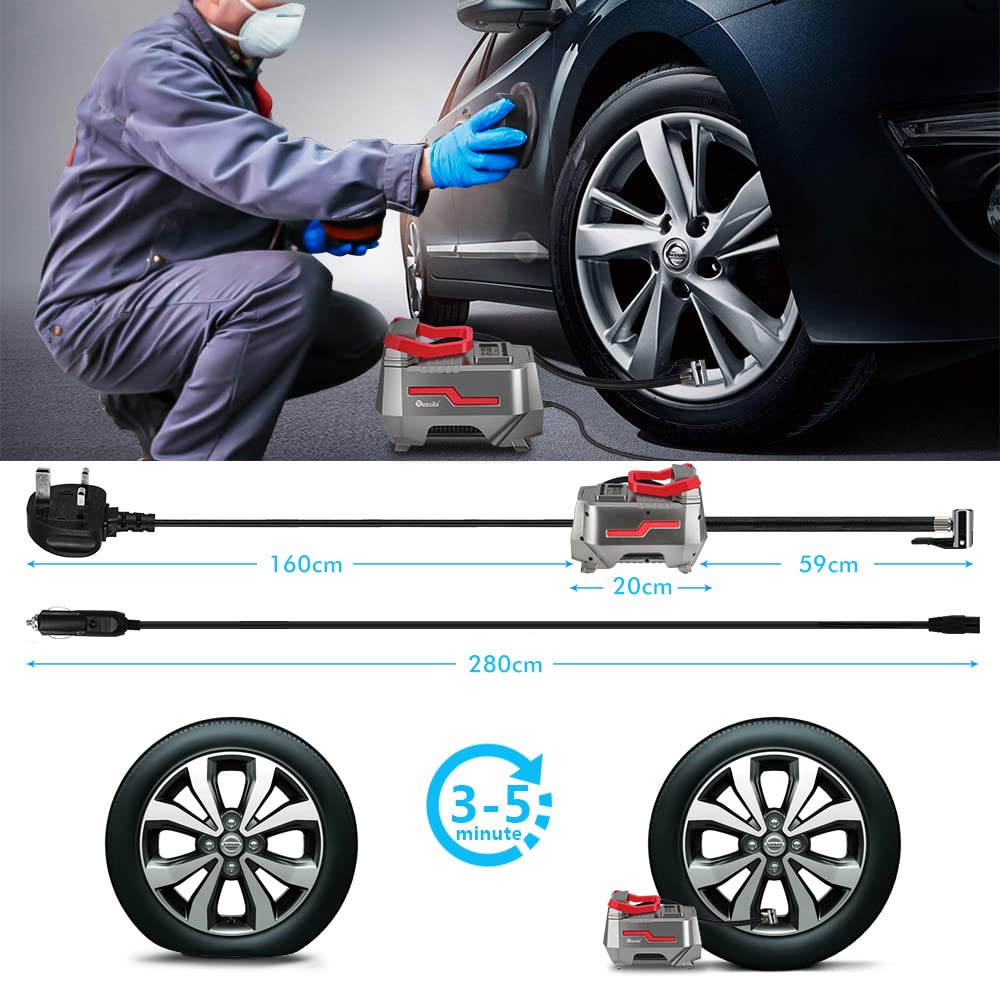 Reesibi 12V 230V Tyre Inflator Air Compressor 150PSI 10.3bar AC/DC Dual